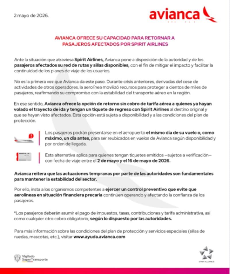 El comunicado oficial de Avianca ofreciendo protección a los pasajeros afectados por el cierre de Spirit Airlines.