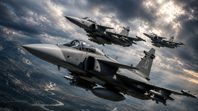 El modelo presentado pertenece a la serie F del Gripen, una versión biplaza diseñada para entrenamiento avanzado, misiones de control y operaciones que requieren dos tripulantes.