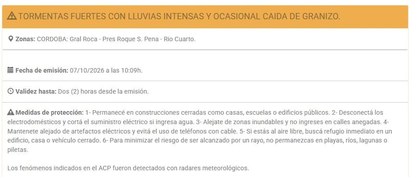 El SMN emitió un aviso a corto plazo de tormentas fuertes con lluvias intensas y ocasional caída de granizo en los departamentos de General Roca, Presidente Roque S. Peña y Río Cuarto.