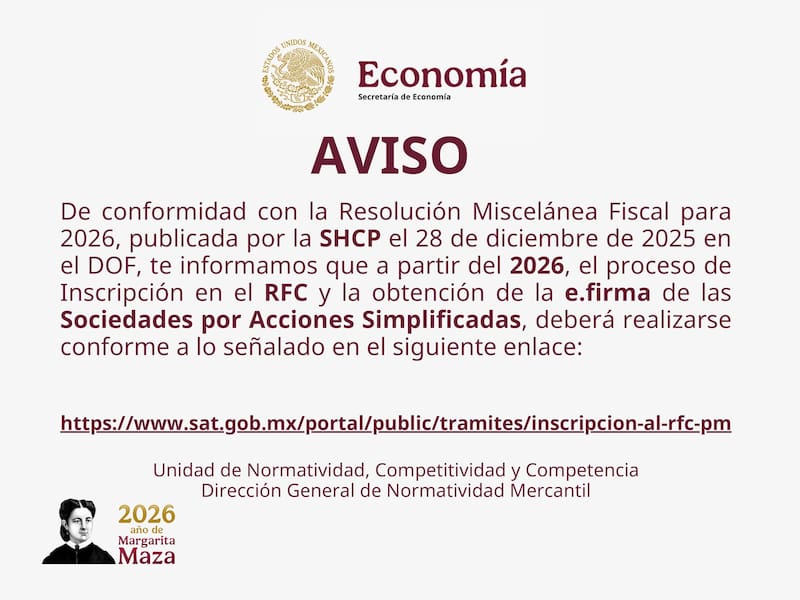 Secretaría de Economía nuevo aviso sobre la inscripción al RFC.