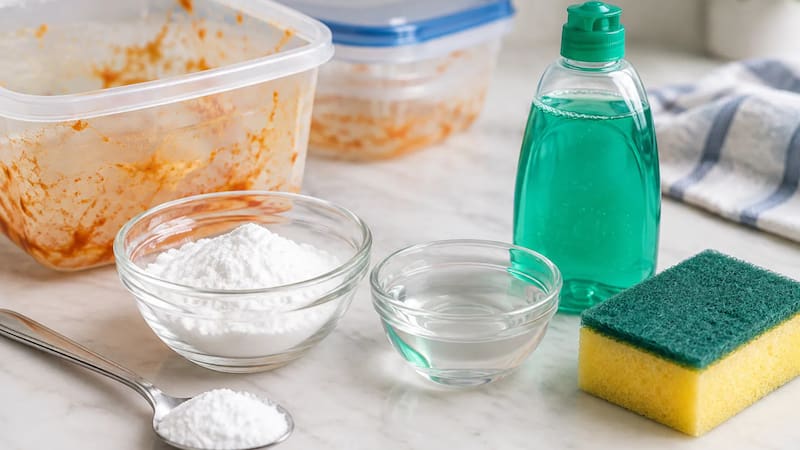 What two tablespoons of baking soda, a teaspoon of water and a few drops of dish soap can do for food containers