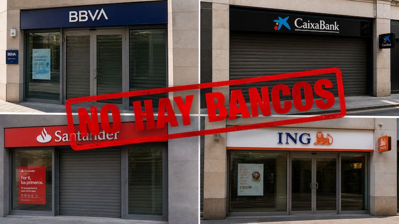 Varias sucursales bancarias permanecen cerradas en municipios donde el 4 de mayo es festivo local en España. Imagen creada con IA.