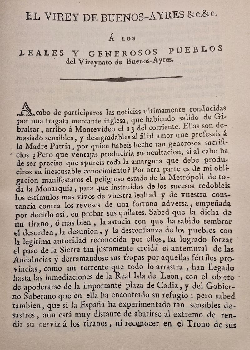 Proclama del virrey del 18. Con una versión acotada de los hechos, pidió calma y apoyo.