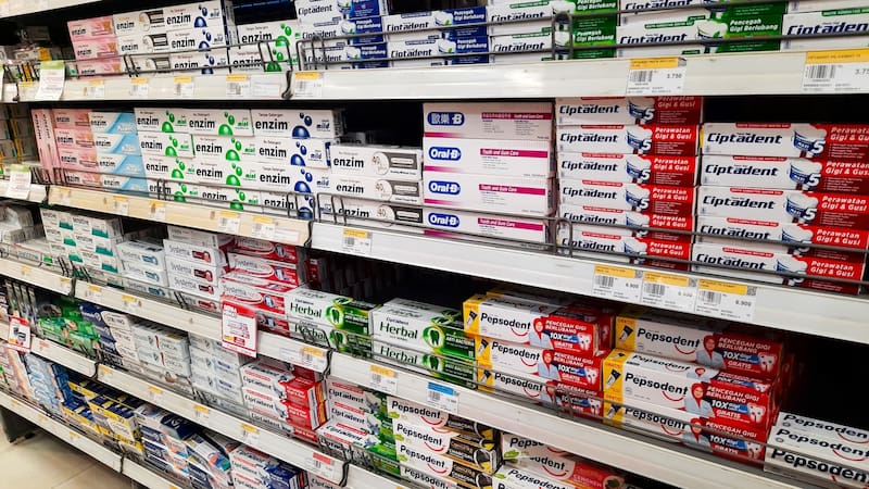 Bandung, April 26 2024. Tooth paste display in supermarket.
