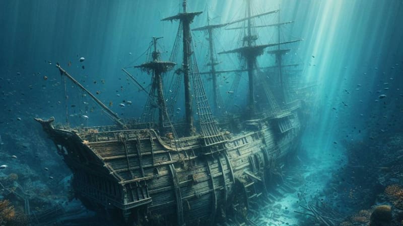 Hallaron un galeón del siglo XVII cargado de oro en el mar Caribe. Fuente: Bing AI.