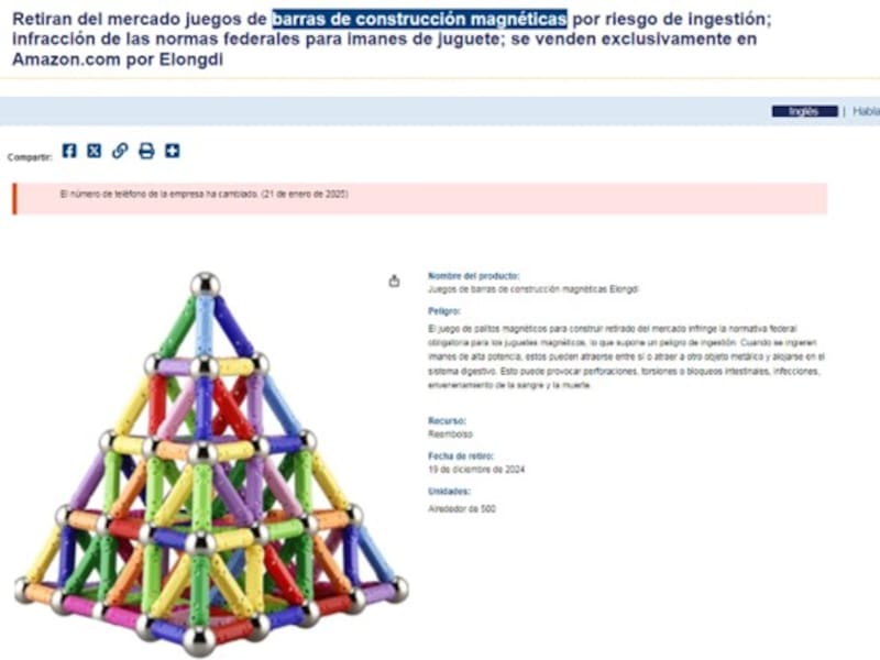 Los juegos de palitos magnéticos para construir de Elongdi (Magnetic Building Sticks Sets), han sido retirados el pasado 19 de diciembre de 2024 por la CPSC debido a que infringe el reglamento federal obligatorio para juguetes con imanes ya que presentan un riesgo de ingestión