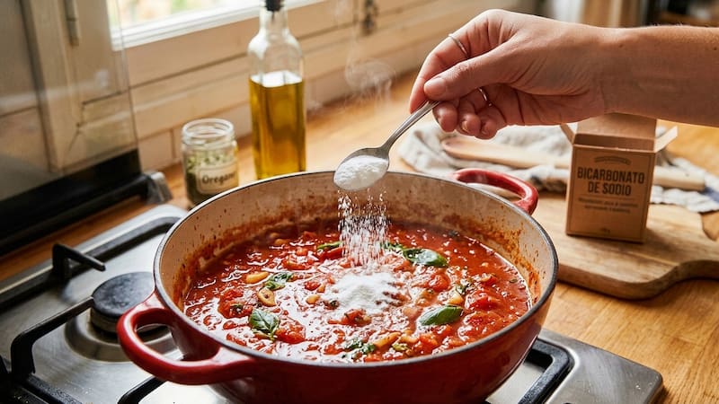 Bicarbonato de sodio en la salsa de tomate.