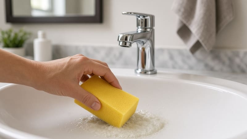 Limpiar el lavamanos del baño con bicarbonato.