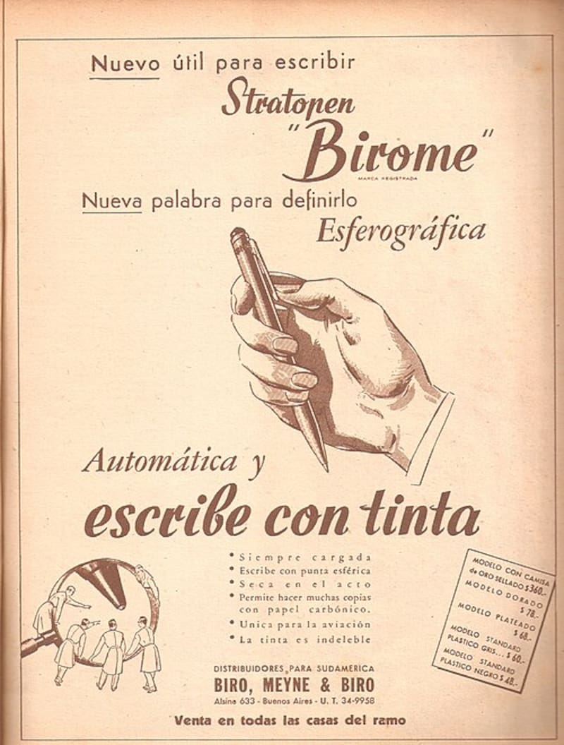 Publicidad en una revista argentina de 1945, promocionando la primera birome.