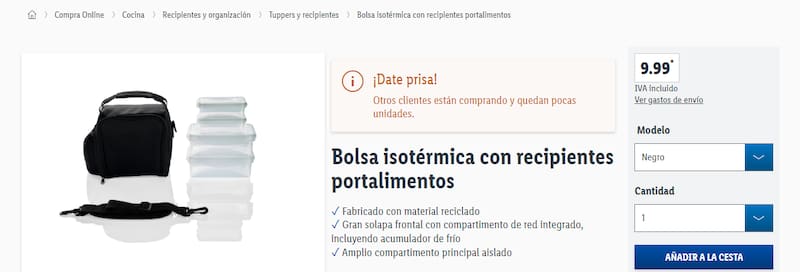 La bolsa isotérmica mantiene los alimentos a temperatura y es fácil de transportar. (Fuente: Lidl).