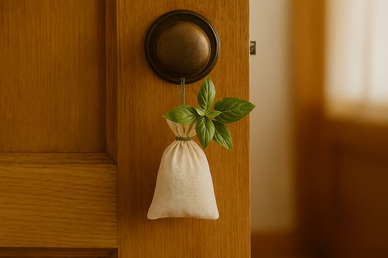 Colgar una bolsita con hojas de albahaca en el picaporte tiene varios beneficios según el Feng Shui. Foto (IA)