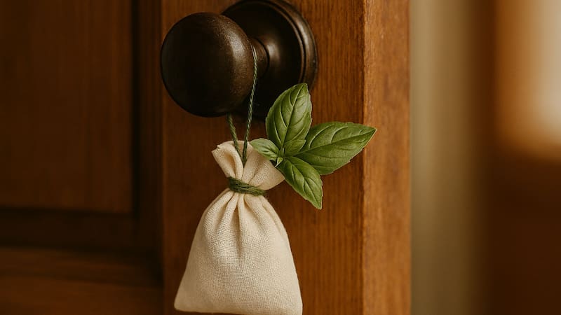 Colgar una bolsita con hojas de albahaca en el picaporte tiene varios beneficios según el Feng Shui. Foto (IA)