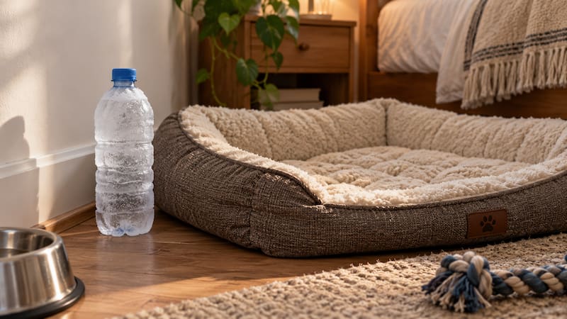 Se debe colocar cerca, pero no debajo de la cama ni directamente contra el cuerpo del animal.