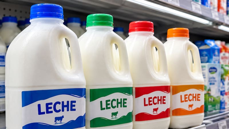 Botellas de leche de supermercado.