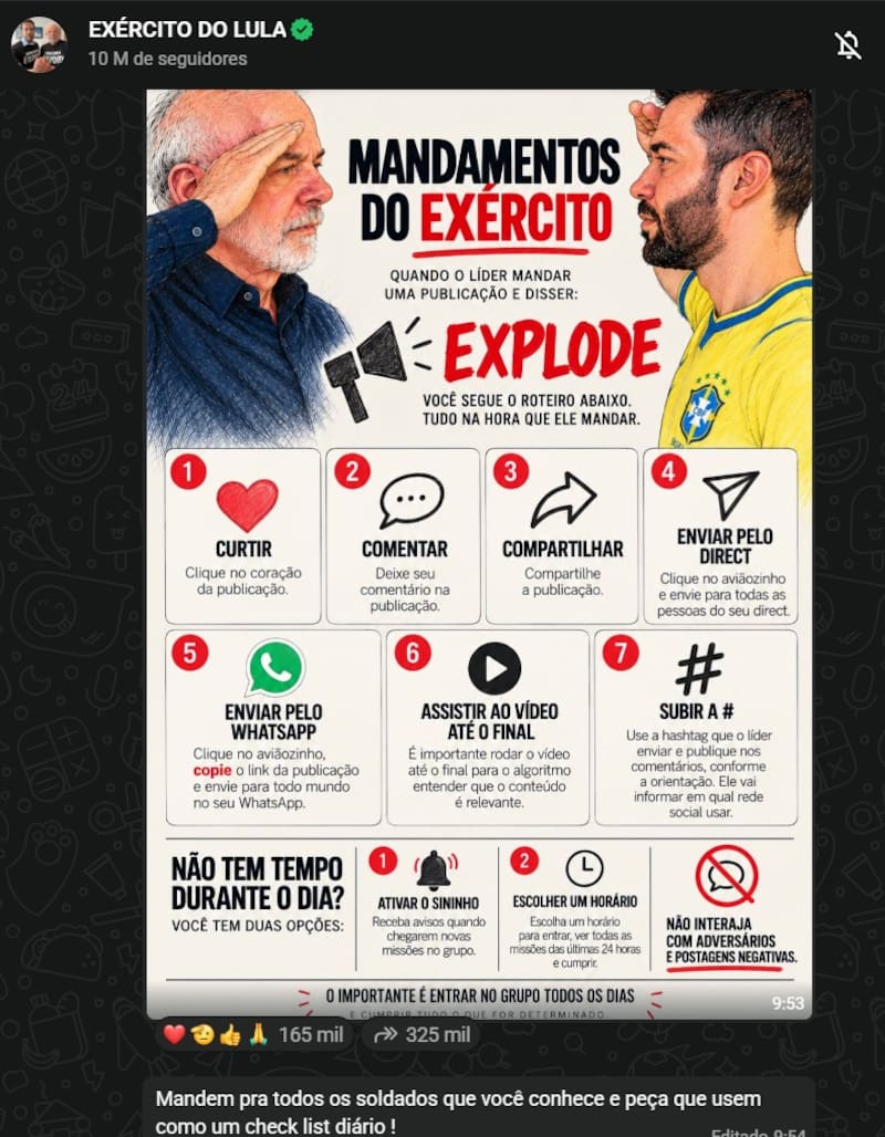 El canal de Whatsapp "Ejército de Lula" que promueve la militancia digital entre los seguidores de Lula quedó bajo estudio judicial