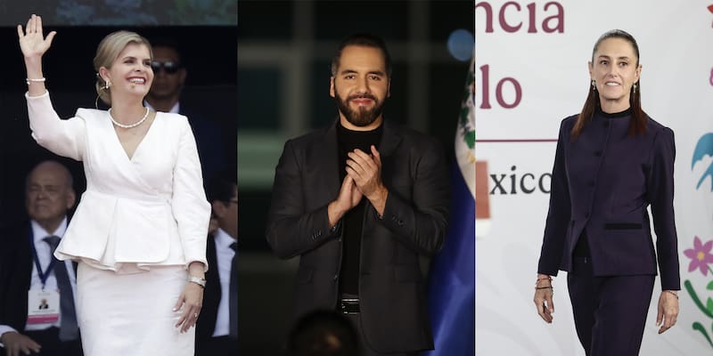 Presidentes de El Salvador, Nayib Bukele, de México, Claudia Sheinbaum, y de Costa Rica, Laura Fernández, quienes encabezan la lista de mandatarios latinoamericanos mejor valorados.