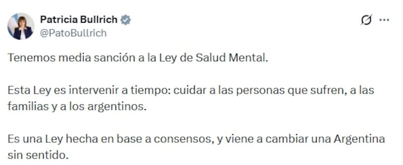 El festejo de Bullrich por la aprobación de la ley de Salud Mental.