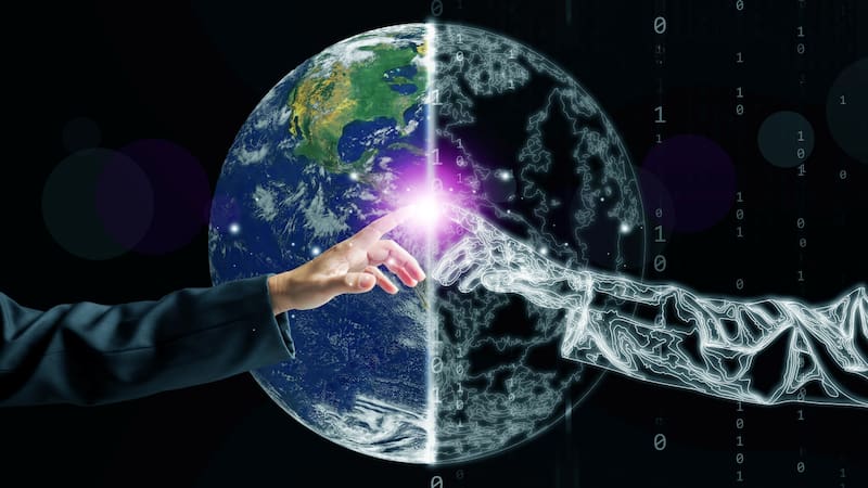 Businessperson connecting with AI hologram on Earth, representing digital twins innovation, data integration, and smart technology bridging humanity and digital intelligence.