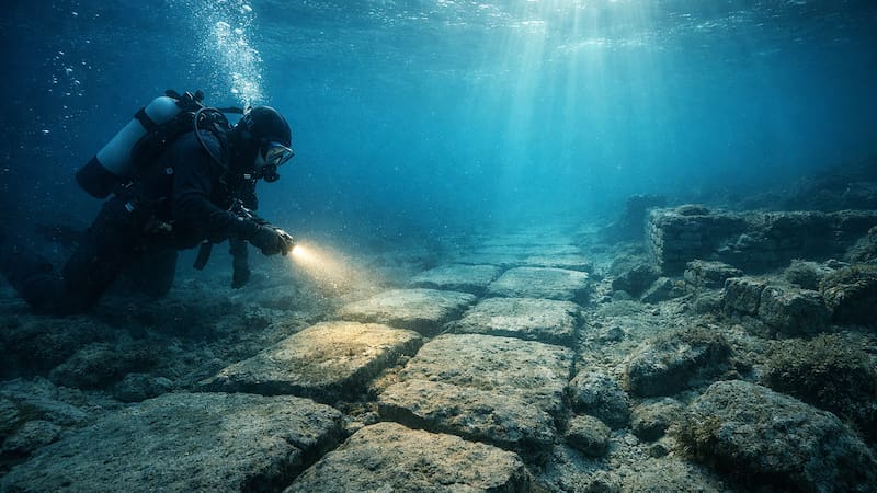 Un arqueólogo subacuático examina los restos de una vía de piedra neolítica sumergida en el mar Adriático, atribuida a la cultura Hvar y datada en aproximadamente 7000 años de antigüedad.