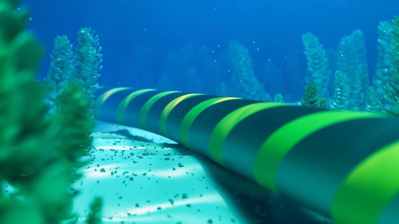 Internet communication cable on the seabed in the ocean. 3d rendering