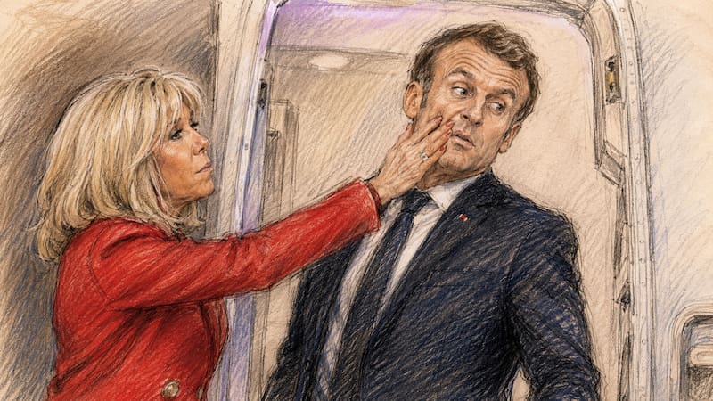 Ilustración estilo identikit judicial del momento en que Brigitte Macron lleva la mano al rostro de Emmanuel Macron al bajar del avión en Vietnam.