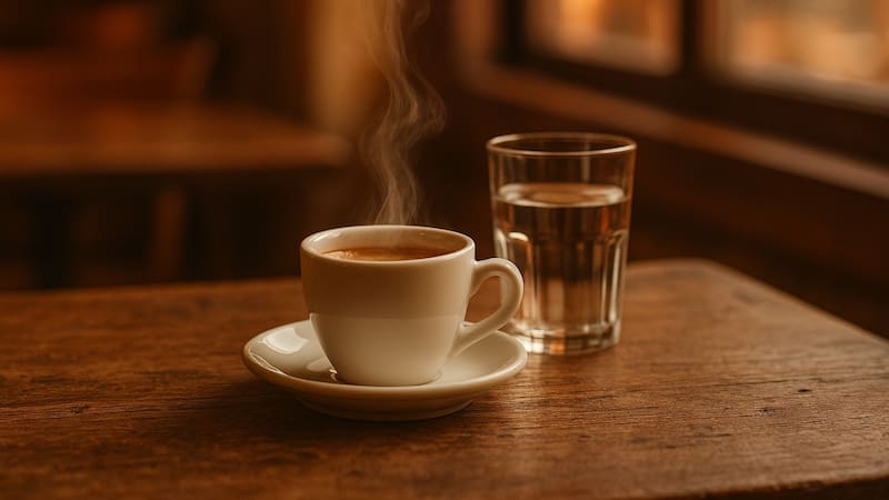 Vaso de agua junto al café | Por qué lo sirven en las cafeterías y en qué momento recomiendan tomarlo. Foto (IA)