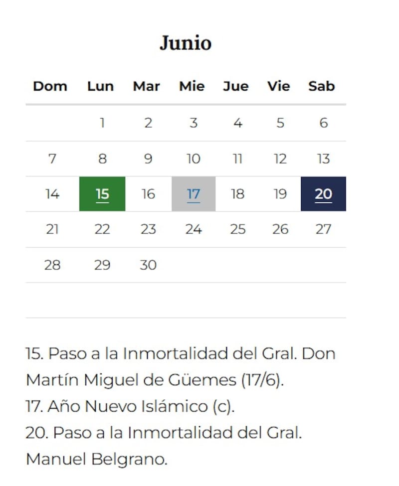 Junio contará con dos feriados nacionales que modificarán la rutina habitual de estudiantes y trabajadores. (Fuente: Gobierno nacional)