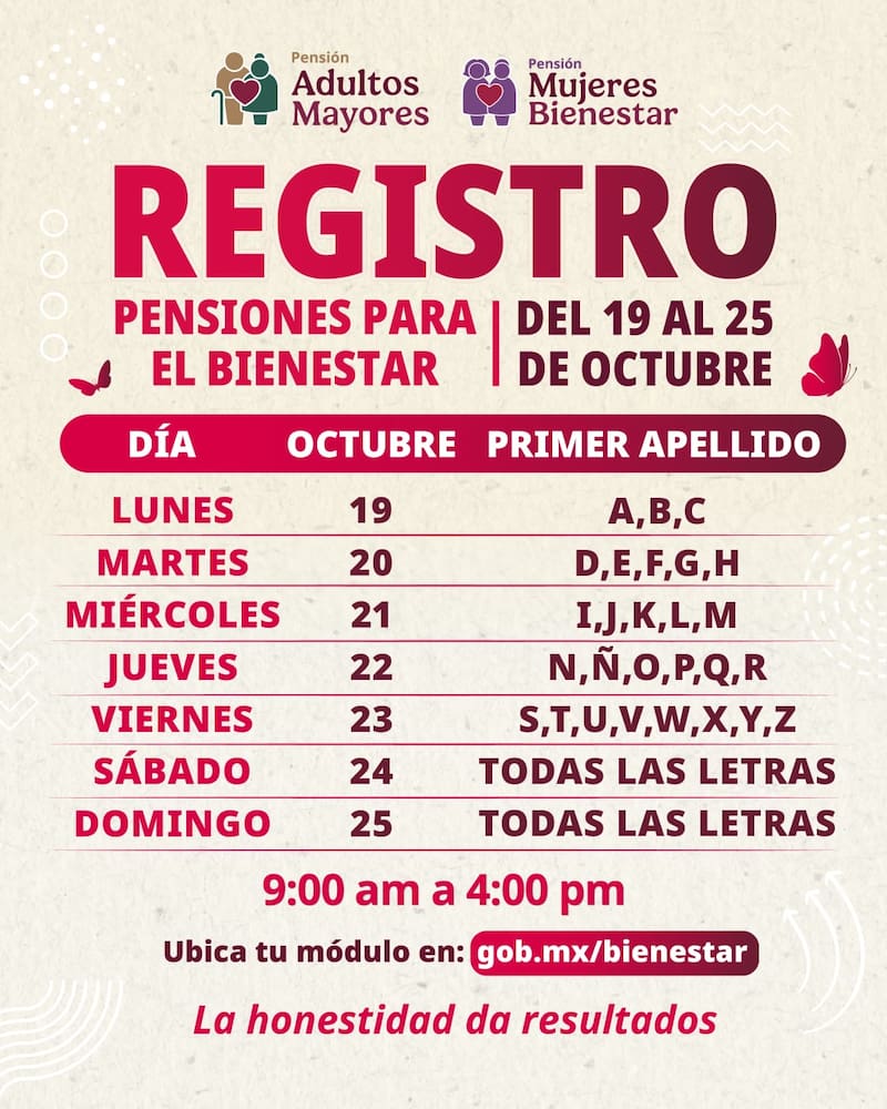 Pensión para adultos mayores y mujeres. Del 19 al 25 de octubre.