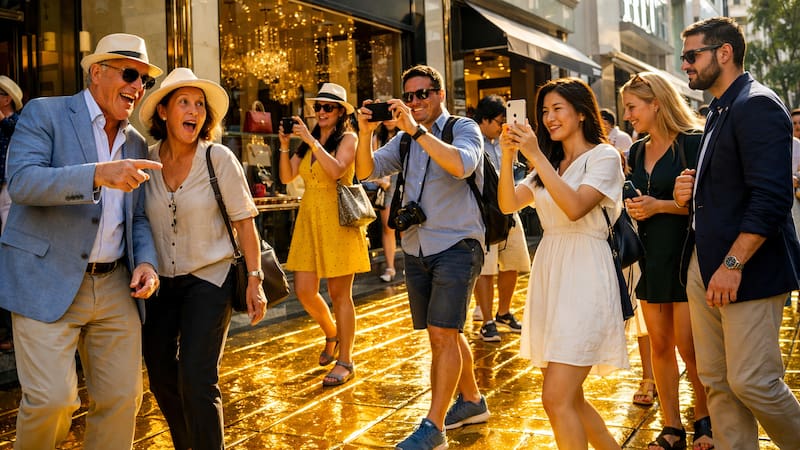 Turistas elegantemente vestidos caminan sobre una calle pavimentada con baldosas de oro macizo en el distrito más lujoso del país, mientras el sol se refleja intensamente en el suelo y los transeúntes fotografían la escena con asombro. Imagen creada con inteligencia artificial.