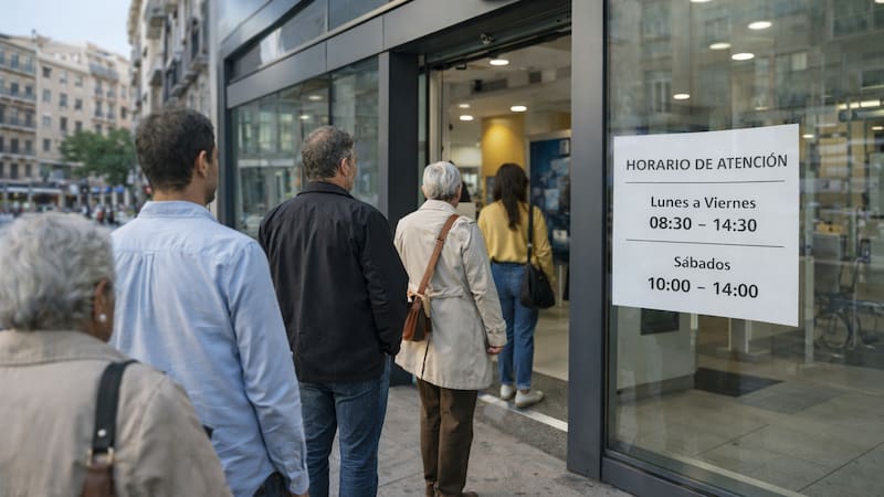 Imagen generada con ChatGPT que recrea una sucursal bancaria en España con atención en sábado, uno de los formatos que algunas entidades aplican en oficinas concretas.