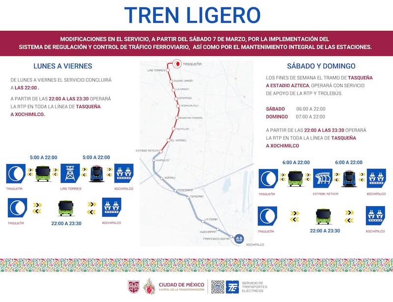 Las autoridades indicaron que “los fines de semana a partir de las 22:00 horas la línea cerrará completamente y operará únicamente el servicio de apoyo desde Tasqueña hasta Xochimilco”.