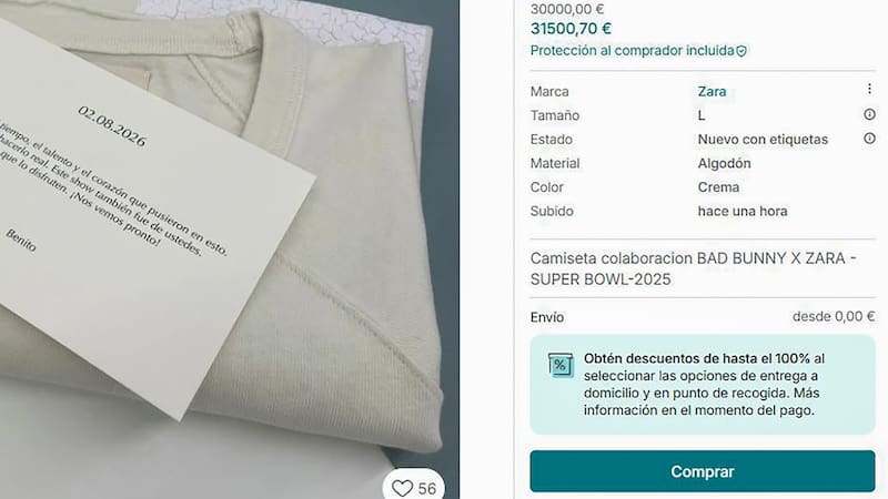 MADRID, 10/02/2026.- Captura tomada de una plataforma de compraventa por Internet. Camisetas iguales a las que el cantante puertorriqueño Bad Bunny regaló este lunes a empleados de Zara, tras utilizarla en la Super Bowl, han salido a la venta, tarjeta de agradecimiento incluida, en plataformas por internet por precios que oscilan este martes entre los 490 euros (584 dólares) y los 30.000 euros (35.750 dólares). EFE/ Plataforma Compraventa por Internet SOLO USO EDITORIAL/SOLO DISPONIBLE PARA ILUSTRAR LA NOTICIA QUE ACOMPAÑA (CRÉDITO OBLIGATORIO)