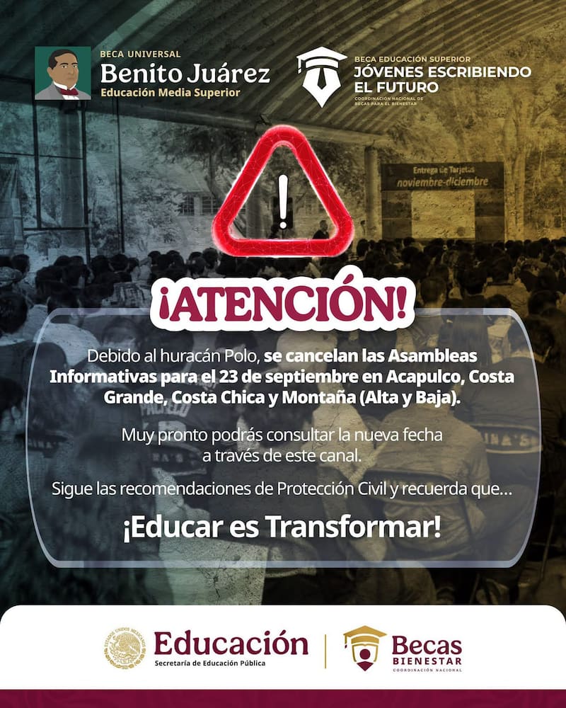 Zonas con la Asamblea Informativa cancelada par ahoy 23 de septiembre:Acapulco de Juárez
Costa Chica
Costa Grande
Sierra
Montaña Alta y Baja.