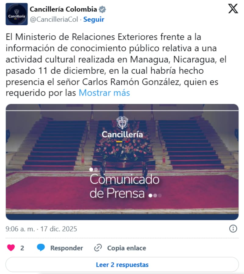 La reaparición de Carlos Ramón González en Nicaragua desató investigaciones en Cancillería.