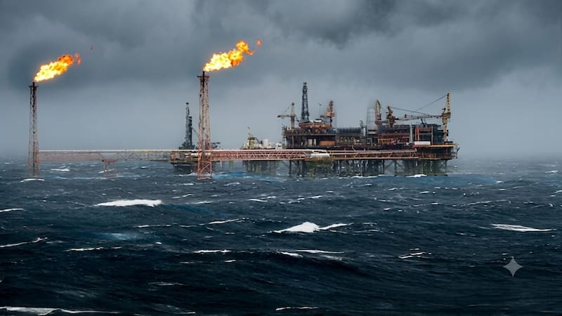 Vista de una plataforma en el megayacimiento Cantarell, que ahora Pemex busca rescatar con apoyo de Petrobras. Foto optimizada con Gemini AI.