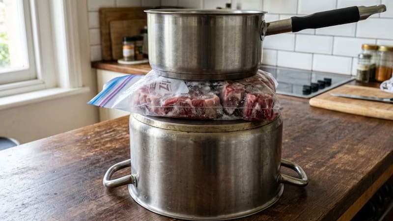 Las ollas transmiten el color del ambiente a la carne, acelerando su descongelamiento. (Imagen ilustrativa generada con IA).