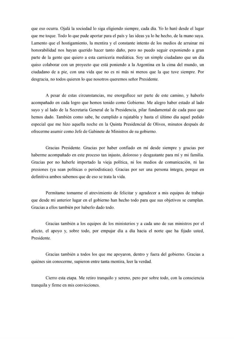 La parte final de la carta de renuncia de Adorni.