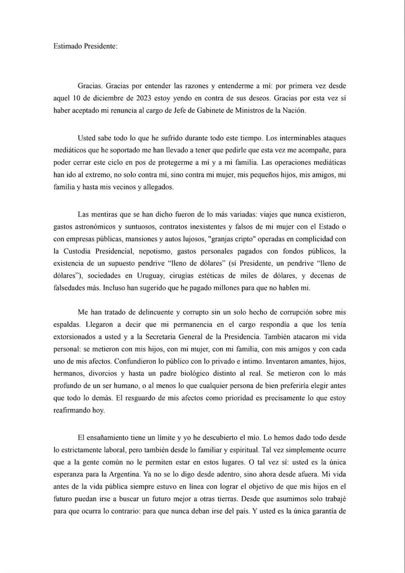 Manuel Adorni renunció en una extensa carta que publicó en Twitter.