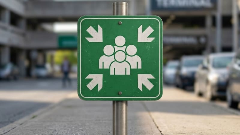 El cartel verde con cuatro personas en aeropuertos, conocido como punto de encuentro, es una señal internacional clave para la organización de pasajeros. (Imagen ilustrativa)