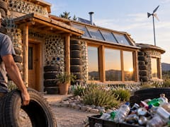 Pasó siete años construyendo una casa con 300 neumáticos, cientos de botellas y latas que encontró en la basura: hoy no paga electricidad
