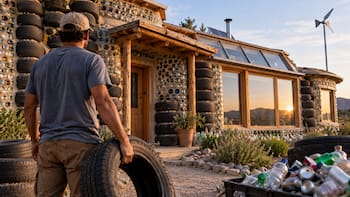 Pasó siete años construyendo una casa con 300 neumáticos, cientos de botellas y latas que encontró en la basura: hoy no paga electricidad
