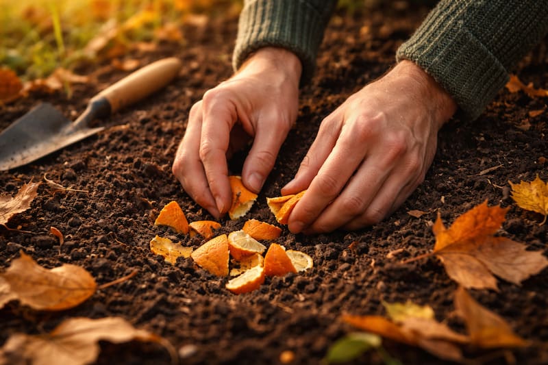 La descomposición de las cáscaras aporta nutrientes y favorece la actividad microbiana.