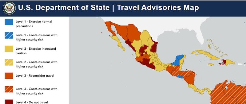 Casi todo México | Estados Unidos emite alertas de viaje en 30 de los 32 estados del país por la delincuencia: Sinaloa, Guerrero y Michoacán figuran como "no viajes por ser los más inseguros.
