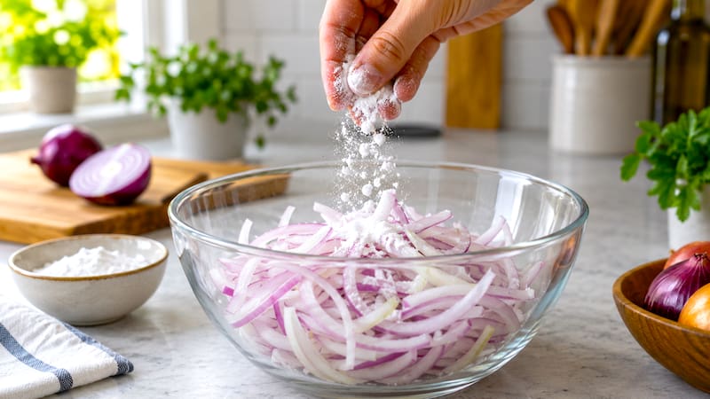 Mezclar cebolla con una pequeña cantidad de bicarbonato de sodio sirve principalmente para acelerar el dorado y la caramelización durante la cocción.