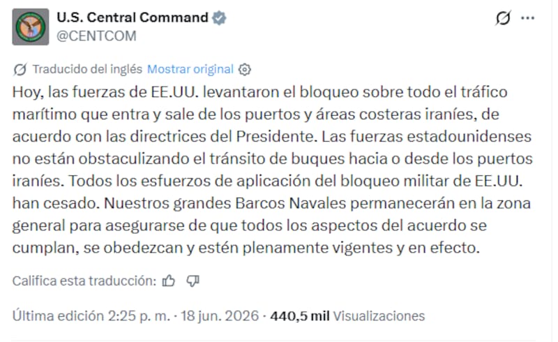 La presencia naval estadounidense en la región se mantiene activa, señaló el Centcom.
