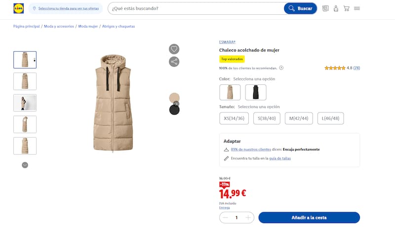 El chaleco acolchado de Lidl cuenta con capucha y material exterior repelente al agua.