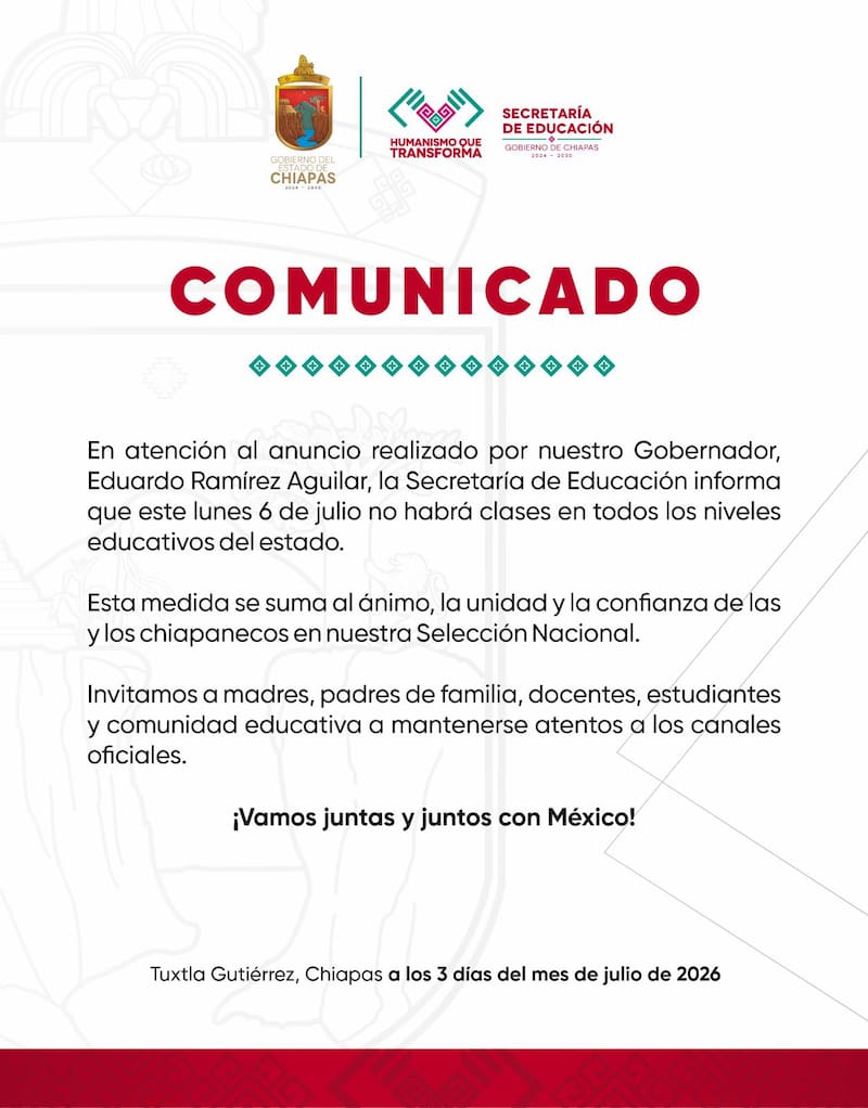 Chiapas confirmó la suspensión de clases para este 6 de julio con un comunicado