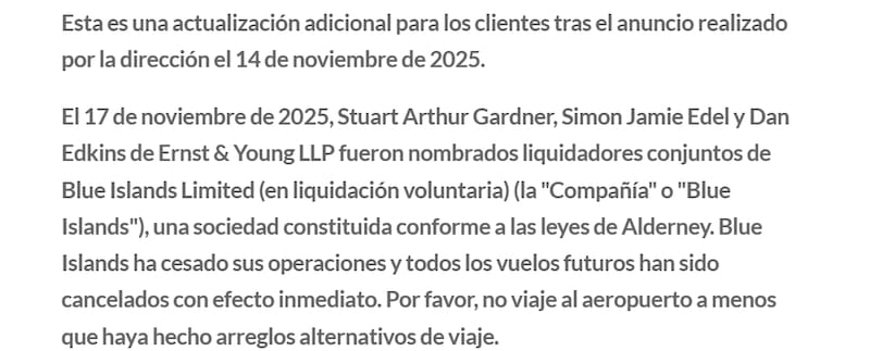Comunicado compartido por Blue Islands en su portal oficial el 17 de noviembre.
