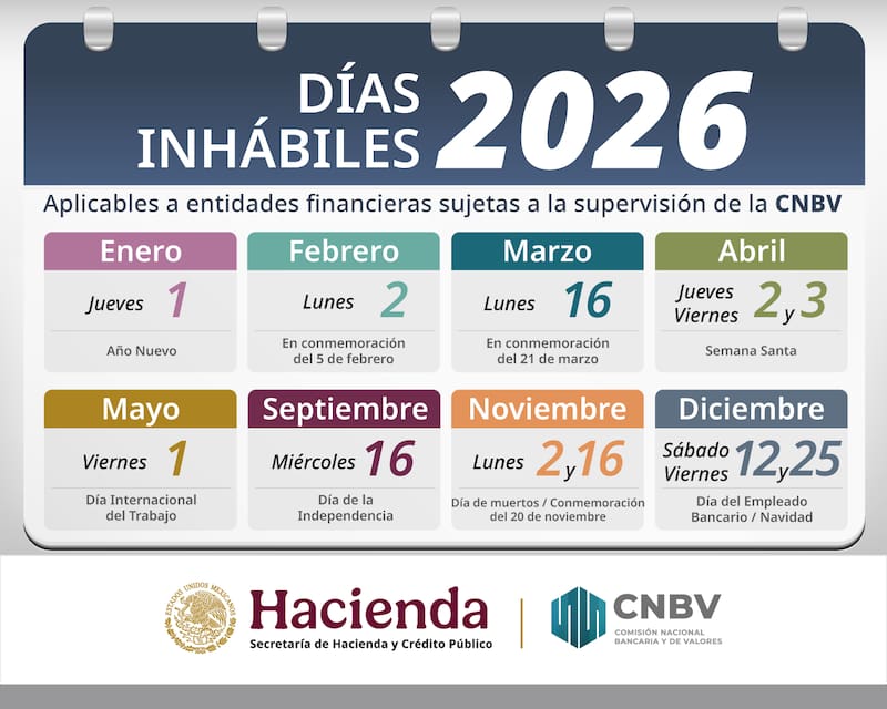 Calendario de días inhábiles para 2026.