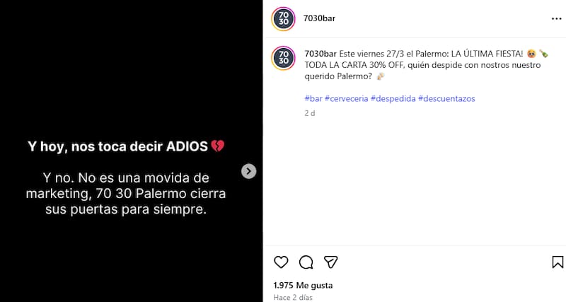El emotivo mensaje que difundió 7030 Bar en sus cuentas de redes sociales.